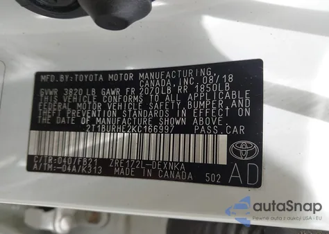 2019 Toyota Corolla Le z USA, uszkodzony, nr VIN 2T1BURHE2KC166997